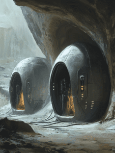 Futuristic Metallic Pods Embedded in Rocky Cavern with Warm Internal Glow and Suspended Cables in a Mysterious Natural Setting BIOPUNK DIGITAL PAINTING 18 x 24 Inch MineeForm Wall Art Poster