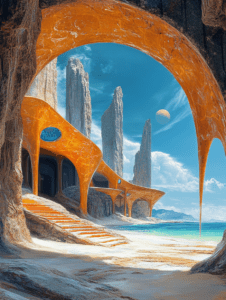 Futuristic Coastal Architecture with Surreal Arches and Towers Alongside Turquoise Waters Under an Expansive Sky with a Distant Planet BIOPUNK DIGITAL PAINTING 18 x 24 Inch MineeForm Wall Art Poster