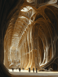 Futuristic Organic Cathedral with Intricate Bone-Like Arches and Silhouetted Figures Exploring Vast Luminous Corridors BIOPUNK DIGITAL PAINTING 18 x 24 Inch MineeForm Wall Art Poster