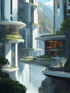 Futuristic Cliffside Metropolis with Towering Sky Gardens and Suspended Walkways Overlooking Majestic Mountain Range and Lush Greenery BIOPUNK DIGITAL PAINTING 18 x 24 Inch MineeForm Wall Art Poster