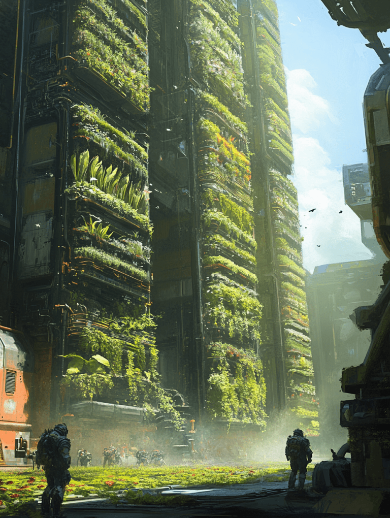 Towering Vertical Gardens on Futuristic Skyscrapers in a Sunlit Urban Landscape with Armored Figures and Lush Greenery BIOPUNK DIGITAL PAINTING 18 x 24 Inch MineeForm Wall Art Poster