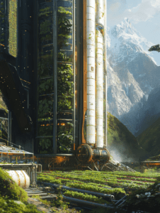 Towering Vertical Farm with Futuristic Greenhouse Technology Set Against Majestic Mountainous Landscape BIOPUNK DIGITAL PAINTING 18 x 24 Inch MineeForm Wall Art Poster