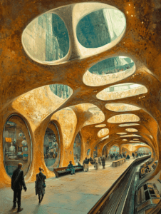 Futuristic Train Station with Organic Arched Structures and Large Viewports in Bustling Biopunk Cityscape BIOPUNK DIGITAL PAINTING 18 x 24 Inch MineeForm Wall Art Poster