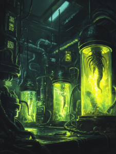 Dimly Lit Laboratory with Large Cylindrical Tanks Glowing with Vibrant Green Light Containing Suspended Alien Creatures Amidst a Maze of Coiled Tubes and Flickering Monitors BIOPUNK DIGITAL PAINTING 18 x 24 Inch MineeForm Wall Art Poster