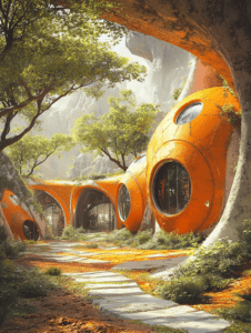 Futuristic Forest Retreat with Organic Architecture and Bright Orange Spherical Dwellings Connecting through Lush Canopy Pathways BIOPUNK DIGITAL PAINTING 18 x 24 Inch MineeForm Wall Art Poster