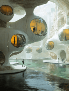 Futuristic Dwelling Pods within a Pensive Underground Water Cave Illuminated by Soft Ambient Light BIOPUNK DIGITAL PAINTING 18 x 24 Inch MineeForm Wall Art Poster