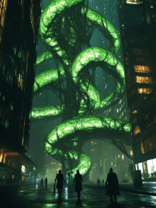 Humans Stroll Beneath Towering Glowing Green Bio-organic Tendrils Amidst Somber Futuristic Skyscrapers on a Rain-soaked City Street BIOPUNK DIGITAL PAINTING 18 x 24 Inch MineeForm Wall Art Poster