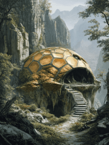 Futuristic Dome Dwelling with Honeycomb Shell Nestled Amidst Rugged Cliffs and Verdant Forest Pathway BIOPUNK DIGITAL PAINTING 18 x 24 Inch MineeForm Wall Art Poster