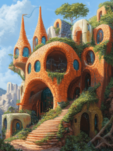 Whimsical Clay Turret House with Verdant Embellishments on a Sunny Hillside BIOPUNK DIGITAL PAINTING 18 x 24 Inch MineeForm Wall Art Poster