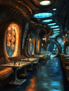 Futuristic Underwater Biopunk Diner with Luminous Ambiance and Organic Architectural Elements BIOPUNK DIGITAL PAINTING 18 x 24 Inch MineeForm Wall Art Poster