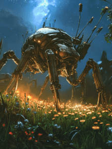 Enormous Robotic Insectoid Traversing a Vibrant Wildflower Meadow Under a Starlit Night Sky with Ethereal Blue Moonlight and Looming Silhouettes in the Background BIOPUNK DIGITAL PAINTING 18 x 24 Inch MineeForm Wall Art Poster