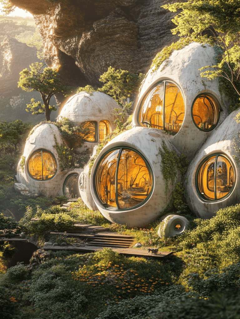 Futuristic Eco-Pods Nestled in Lush Verdant Landscape with Large Round Windows and Harmonious Natural Architecture BIOPUNK DIGITAL PAINTING 18 x 24 Inch MineeForm Wall Art Poster