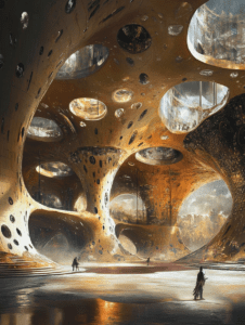 Futuristic Organic Dome Structure with Soft Golden Glow and Intricate Perforations Illuminating Expansive Interior and Silhouetted Figures Exploring Vast Space BIOPUNK DIGITAL PAINTING 18 x 24 Inch MineeForm Wall Art Poster