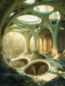 Serene Biopunk Landscape with Organic Archways and Sunlit Vistas Adorned with Lush Vegetation and Futuristic Pathways in a Harmonious Blend of Nature and Architecture BIOPUNK DIGITAL PAINTING 18 x 24 Inch MineeForm Wall Art Poster