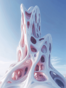 Futuristic Organic Tower with Fluid Curves and Pink Accents Against a Clear Blue Sky in an Urban Setting BIOPUNK DIGITAL PAINTING 18 x 24 Inch MineeForm Wall Art Poster