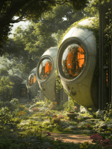 Futuristic Biosphere Pods in a Lush Green Forest with Vibrant Floral Pathways and Sunlit Canopies BIOPUNK DIGITAL PAINTING 18 x 24 Inch MineeForm Wall Art Poster