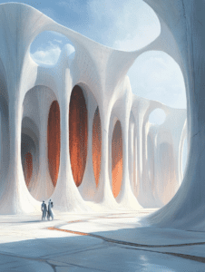 Wandering Figures in a Vast Futuristic Hall of White and Orange Colonnades with Soft Light and Grand Architectural Curves BIOPUNK DIGITAL PAINTING 18 x 24 Inch MineeForm Wall Art Poster