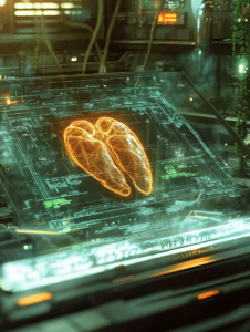 Glowing Holographic Heart Suspended in a Luminous Biotech Laboratory with Futuristic Digital Displays and Overlapping Circuitry Patterns BIOPUNK DIGITAL PAINTING 18 x 24 Inch MineeForm Wall Art Poster