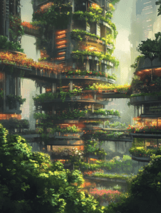 Verdant Skyscraper Enveloped by Lush Vegetation with Vibrant Gardens and Soft Ambient Lighting in a Futuristic Urban Oasis BIOPUNK DIGITAL PAINTING 18 x 24 Inch MineeForm Wall Art Poster