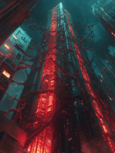 Towering Skyscraper Enshrouded in Vivid Red Veins Under a Brooding Sky in a Futuristic Cityscape BIOPUNK DIGITAL PAINTING 18 x 24 Inch MineeForm Wall Art Poster