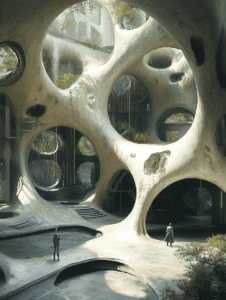 Intricate Futuristic Architecture of Biopunk Sanctuary with Organic Shapes and Verdant Details Lit by Sunlight and Awash in Earthy Tones BIOPUNK DIGITAL PAINTING 18 x 24 Inch MineeForm Wall Art Poster