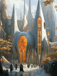 Futuristic Gothic Cathedral with Towering Spires and Glowing Amber Interiors Surrounded by Enigmatic Cloaked Figures in an Autumnal Rocky Landscape BIOPUNK DIGITAL PAINTING 18 x 24 Inch MineeForm Wall Art Poster