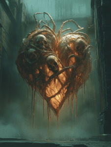 Eerie Suspended Heart Entwined with Skulls and Tendrils in a Mysterious Foggy Urban Ruin BIOPUNK DIGITAL PAINTING 18 x 24 Inch MineeForm Wall Art Poster