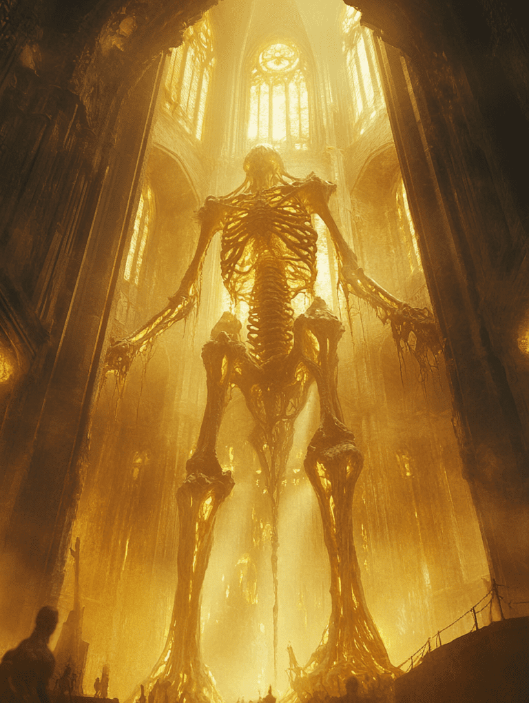 Colossal Luminous Skeleton Casting Shadows in a Golden Cathedral with Soaring Arches and Stained Glass Windows Streaming Radiant Sunlight BIOPUNK DIGITAL PAINTING 18 x 24 Inch MineeForm Wall Art Poster