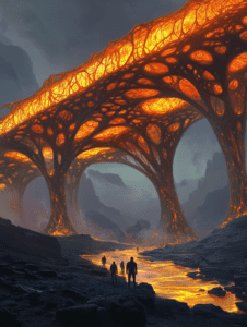 Adventurers Crossing Fiery Alien Landscape Beneath Glowing Organic Bridge Formation in Misty Mountainous Terrain BIOPUNK DIGITAL PAINTING 18 x 24 Inch MineeForm Wall Art Poster