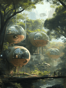 Futuristic Spherical Dwellings Nestled Amongst Towering Trees in a Lush Forest Setting with Dappled Sunlight Filtering Through Foliage and Airborne Vehicles Hovering in the Background BIOPUNK DIGITAL PAINTING 18 x 24 Inch MineeForm Wall Art Poster