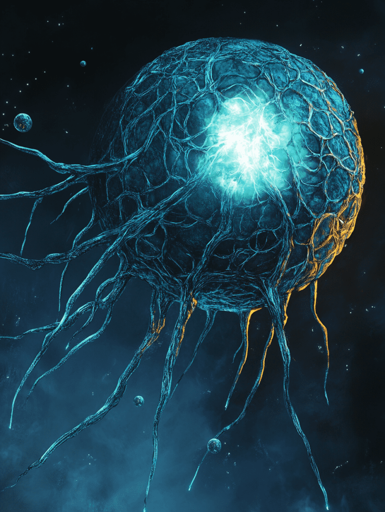 Glowing Tentacled Biomass Floating in Cosmic Abyss with Pulsating Bioluminescent Core and Network of Interwoven Vascular Structures Amongst Distant Stars BIOPUNK DIGITAL PAINTING 18 x 24 Inch MineeForm Wall Art Poster