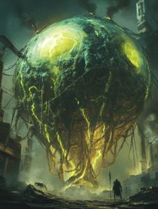 Colossal Bioluminescent Sphere Suspended in Crumbling Urban Landscape with Glowing Tendrils and Surreal Atmosphere BIOPUNK DIGITAL PAINTING 18 x 24 Inch MineeForm Wall Art Poster