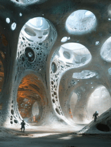 Explorers in a Vast Futuristic Cave with Organic Structures and Filtered Sunlight BIOPUNK DIGITAL PAINTING 18 x 24 Inch MineeForm Wall Art Poster