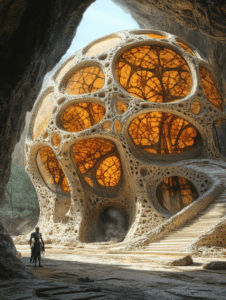 Mysterious Cavernous Dome with Organic Architecture and Intricate Amber Network in Alien Landscape with Clad Figure BIOPUNK DIGITAL PAINTING 18 x 24 Inch MineeForm Wall Art Poster