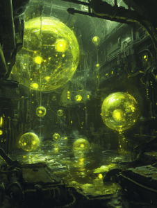 Glowing Bio-Organic Spheres Illuminated in a Dark Industrial Laboratory with Reflective Water Surfaces and Intricate Machinery BIOPUNK DIGITAL PAINTING 18 x 24 Inch MineeForm Wall Art Poster