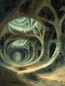 Ancient Subterranean Labyrinth with Organic Architecture and Eerie Light Filtering through Circular Openings BIOPUNK DIGITAL PAINTING 18 x 24 Inch MineeForm Wall Art Poster