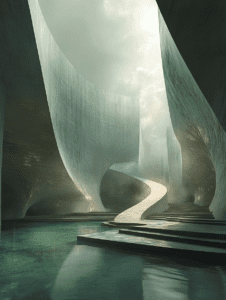 Majestic Curved Pathway Winding Through Serene Water-Covered Chamber with Vast Arching Walls Underneath a Misty Illuminated Sky BIOPUNK DIGITAL PAINTING 18 x 24 Inch MineeForm Wall Art Poster