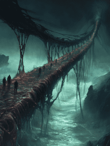 Journey Across the Sinister Organic Bridge Suspended Over Misty Waters in a Dark and Otherworldly Landscape BIOPUNK DIGITAL PAINTING 18 x 24 Inch MineeForm Wall Art Poster