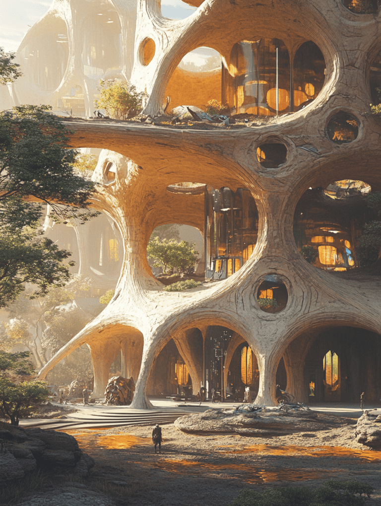 Organic Futuristic Architecture with Towering Curvilinear Structures and Sunlit Arboreal Surroundings in a Harmonious Urban Landscape BIOPUNK DIGITAL PAINTING 18 x 24 Inch MineeForm Wall Art Poster