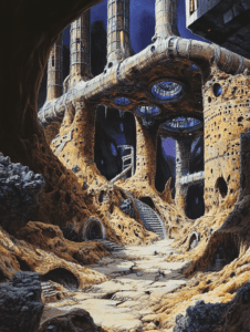 Colossal Biomechanical Structures Looming Over Eroded Rock Pathways in an Alien Landscape BIOPUNK DIGITAL PAINTING 18 x 24 Inch MineeForm Wall Art Poster