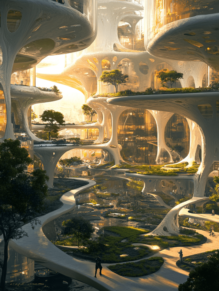 Futuristic Urban Oasis with Elevated Park Platforms and Serpentine Pathways in a Sunlit Biopunk Cityscape BIOPUNK DIGITAL PAINTING 18 x 24 Inch MineeForm Wall Art Poster