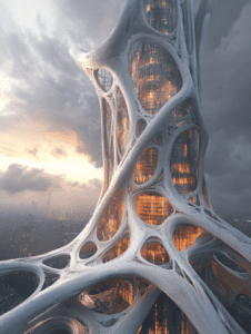 Towering Organic Skyscraper Enveloped by Intricate Web-Like Structures Against a Stormy Sky at Sunset BIOPUNK DIGITAL PAINTING 18 x 24 Inch MineeForm Wall Art Poster