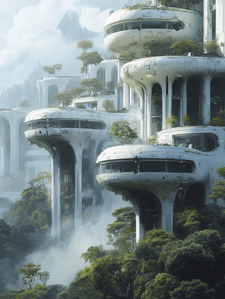 Futuristic Cliffside Dwellings with Lush Greenery and Cloud-Shrouded Mountains in the Background BIOPUNK DIGITAL PAINTING 18 x 24 Inch MineeForm Wall Art Poster