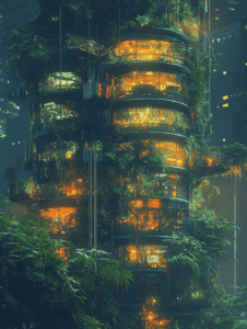 Lush Vertical Garden Tower Enveloped in Vibrant Greenery and Warm Light in a Futuristic Urban Environment BIOPUNK DIGITAL PAINTING 18 x 24 Inch MineeForm Wall Art Poster