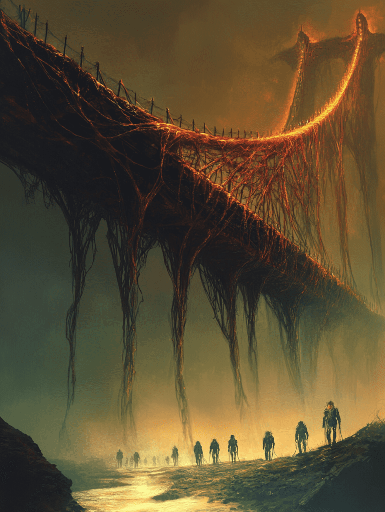 Silhouetted Figures Walk Beneath a Vast Organic Bridge in a Gloomy Dystopian Landscape with Red Veins and Twisted Structures Illuminated by a Golden Glow BIOPUNK DIGITAL PAINTING 18 x 24 Inch MineeForm Wall Art Poster