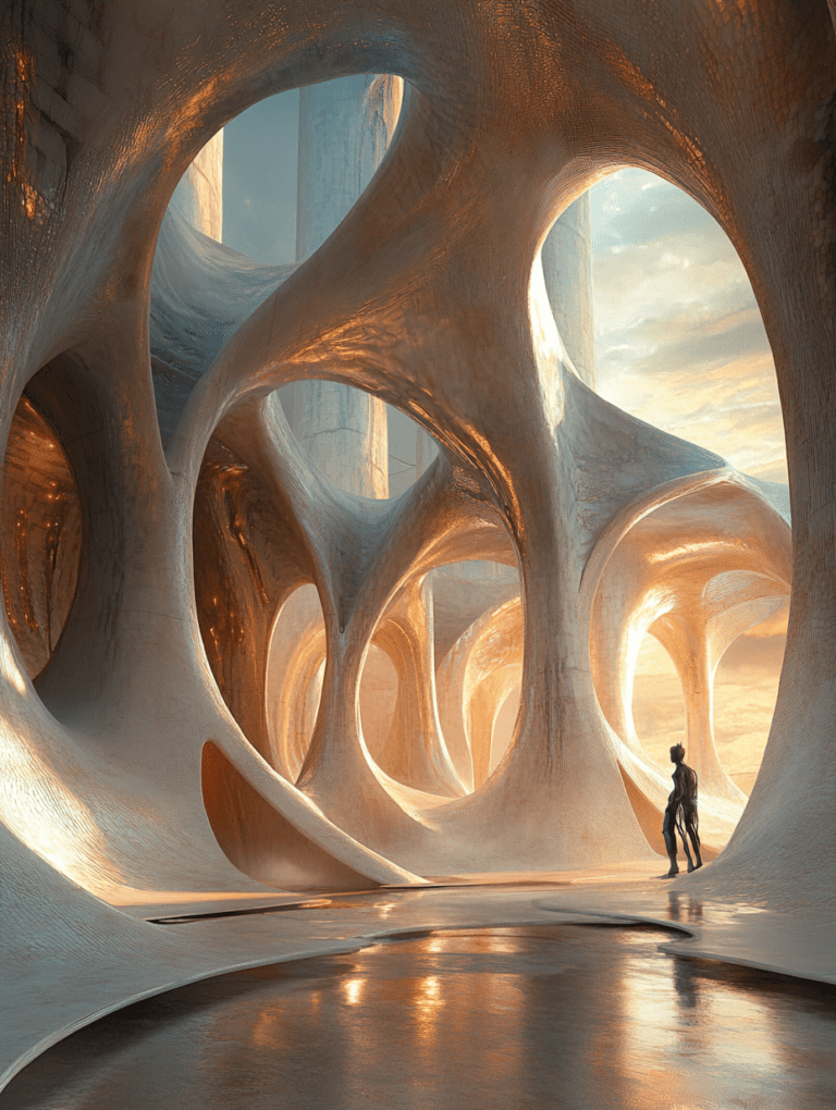 Ethereal Architecture with Organic Forms and Golden Glow in a Sci-Fi Landscape at Sunset with Silhouetted Figure BIOPUNK DIGITAL PAINTING 18 x 24 Inch MineeForm Wall Art Poster