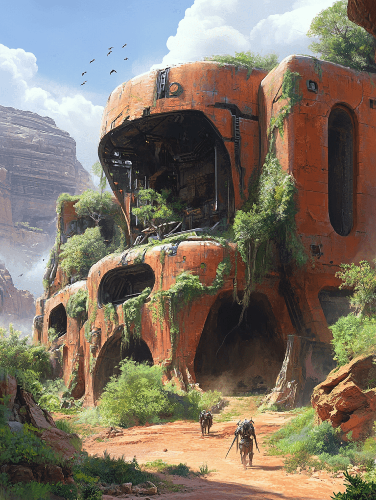 Journey Through the Verdant Ruins of a Colossal Rusting Structure in a Lush Canyon Landscape Under a Cloud-Dappled Sky with Figures Traversing the Sandy Path Surrounded by Nature Reclaiming Industrial Relics BIOPUNK DIGITAL PAINTING 18 x 24 Inch MineeForm Wall Art Poster