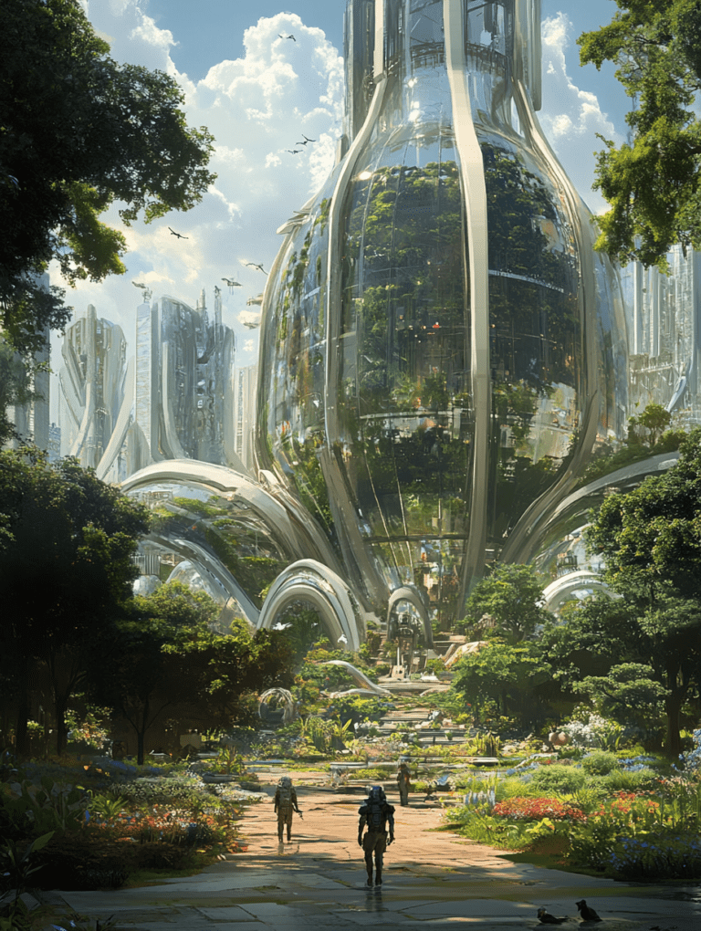 Futuristic Biosphere Metropolis with Enormous Glass Structures Amidst Lush Greenery and Pathways Under a Vibrant Sky with Distant Flying Machines BIOPUNK DIGITAL PAINTING 18 x 24 Inch MineeForm Wall Art Poster