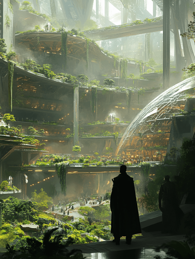 Lush Futuristic Urban Oasis with Towering Greenery and Intricate Architectural Walkways Beneath a Misty Glass Enclosure Buzzing with Activity and Silhouetted Figures Overlooking Lively Gardens BIOPUNK DIGITAL PAINTING 18 x 24 Inch MineeForm Wall Art Poster