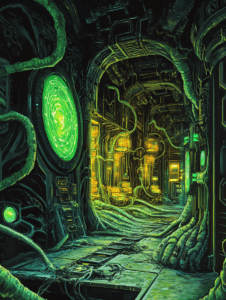 Luminous Green Bio-Mechanical Corridor with Intricate Vines and Pulsating Technology Panels BIOPUNK DIGITAL PAINTING 18 x 24 Inch MineeForm Wall Art Poster